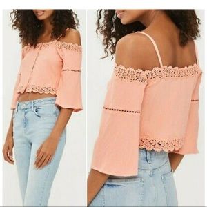 TopShop Coral lace Trim Bardot Top cold shoulder CORAL UK 10- US 6-NEW WITH TAGS